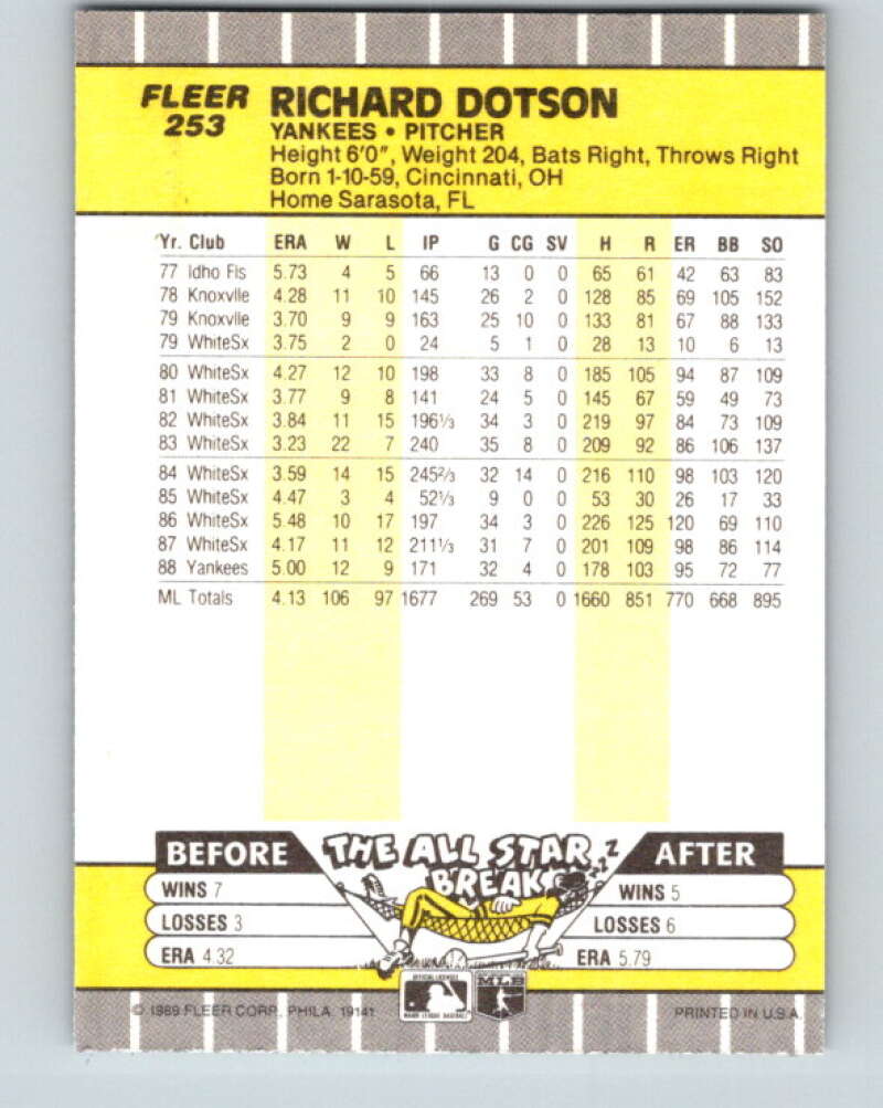 1989 Fleer #253 Richard Dotson Mint New York Yankees