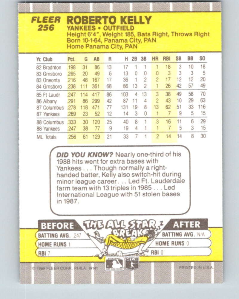 1989 Fleer #256 Roberto Kelly Mint New York Yankees