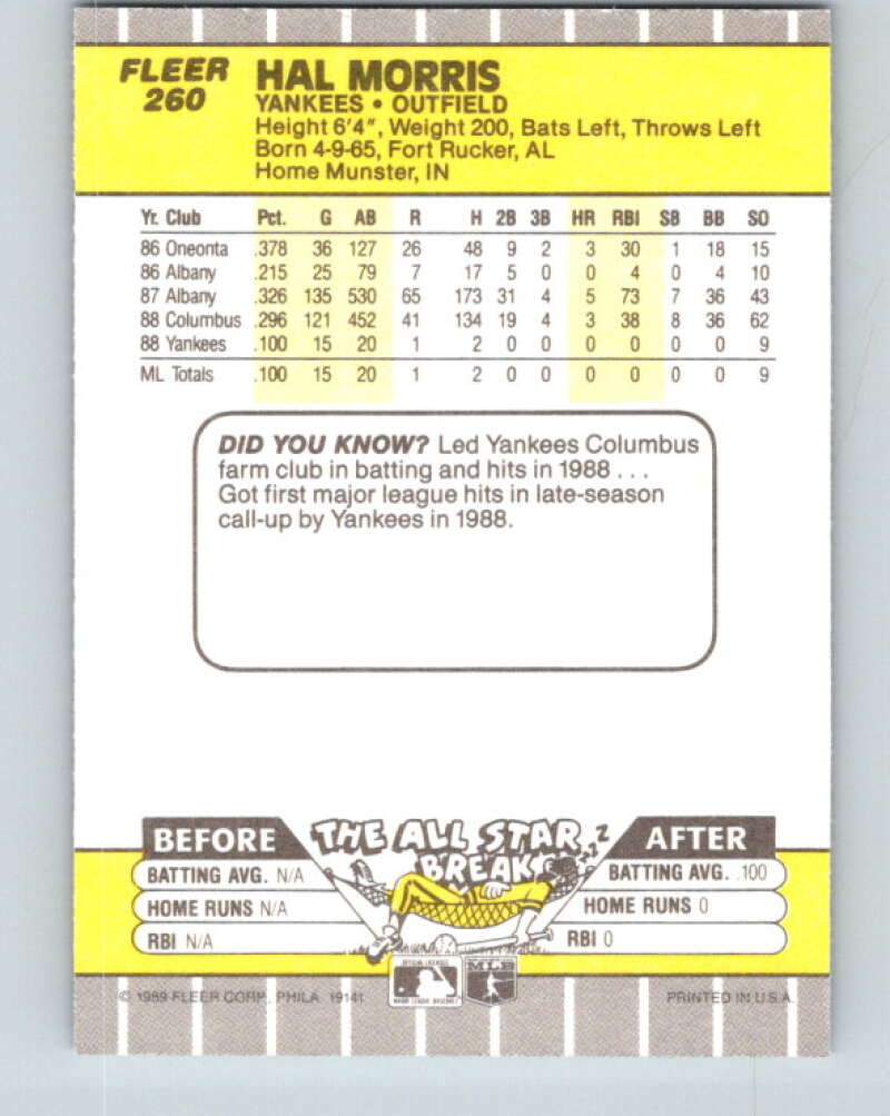 1989 Fleer #260 Hal Morris Mint RC Rookie New York Yankees