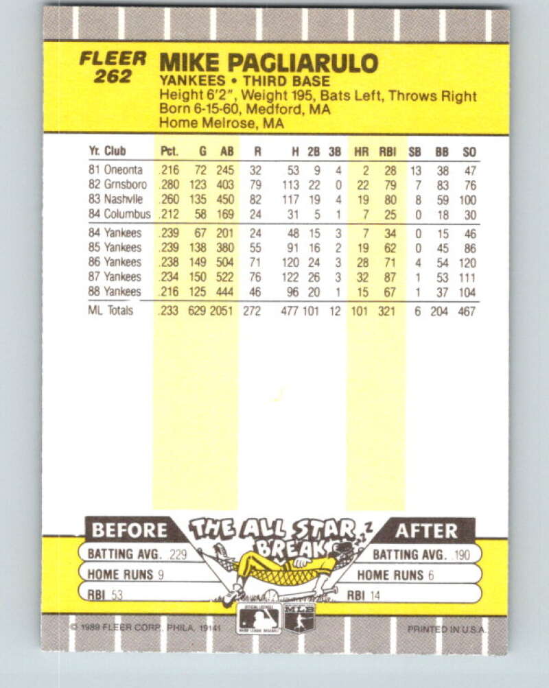 1989 Fleer #262 Mike Pagliarulo UER Mint New York Yankees