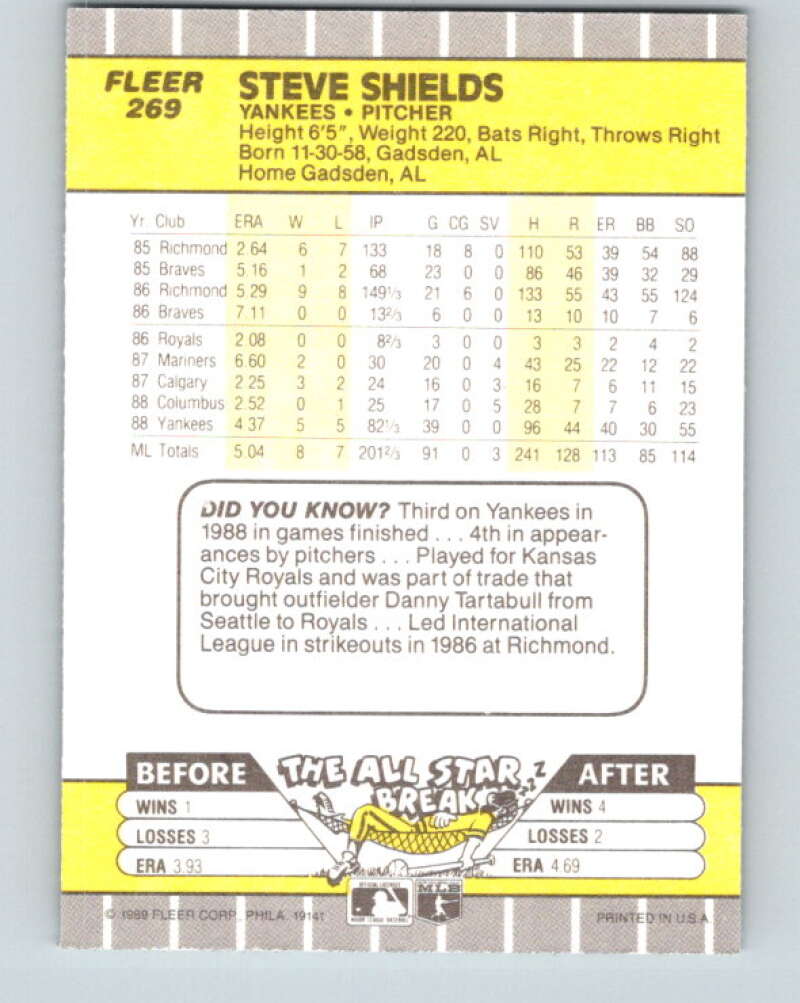 1989 Fleer #269 Steve Shields Mint New York Yankees