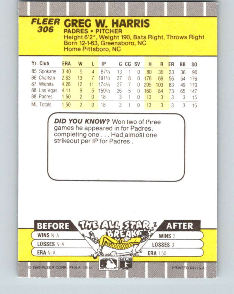 1989 Fleer #306 Greg Harris Mint RC Rookie San Diego Padres