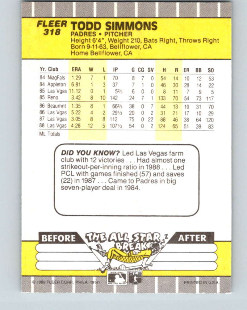 1989 Fleer #318 Todd Simmons Mint San Diego Padres