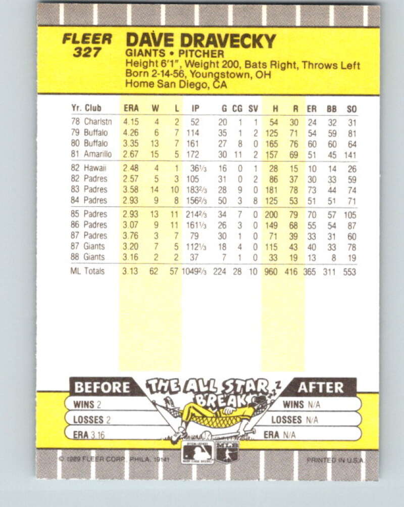 1989 Fleer #327 Dave Dravecky Mint San Francisco Giants