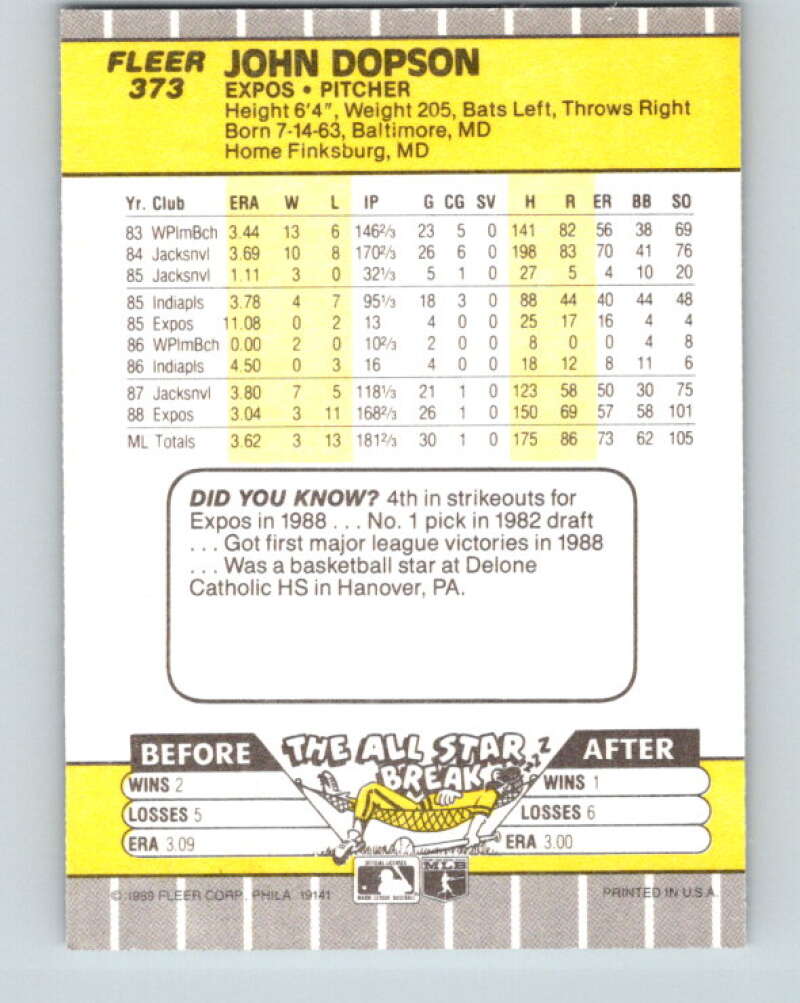 1989 Fleer #373 John Dopson Mint RC Rookie Montreal Expos