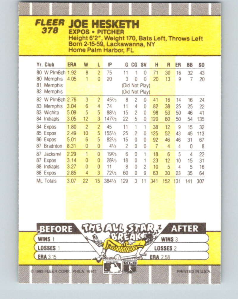 1989 Fleer #378 Joe Hesketh Mint Montreal Expos