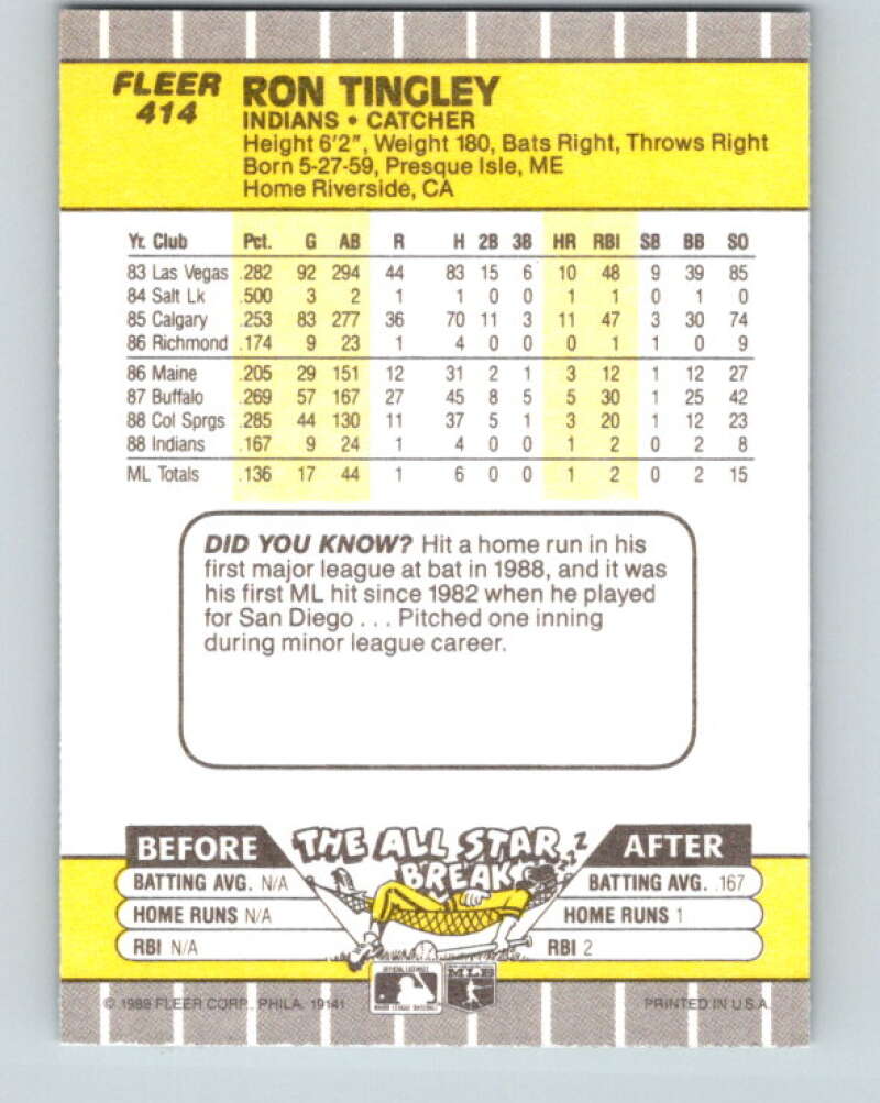 1989 Fleer #414 Ron Tingley UER Mint Cleveland Indians
