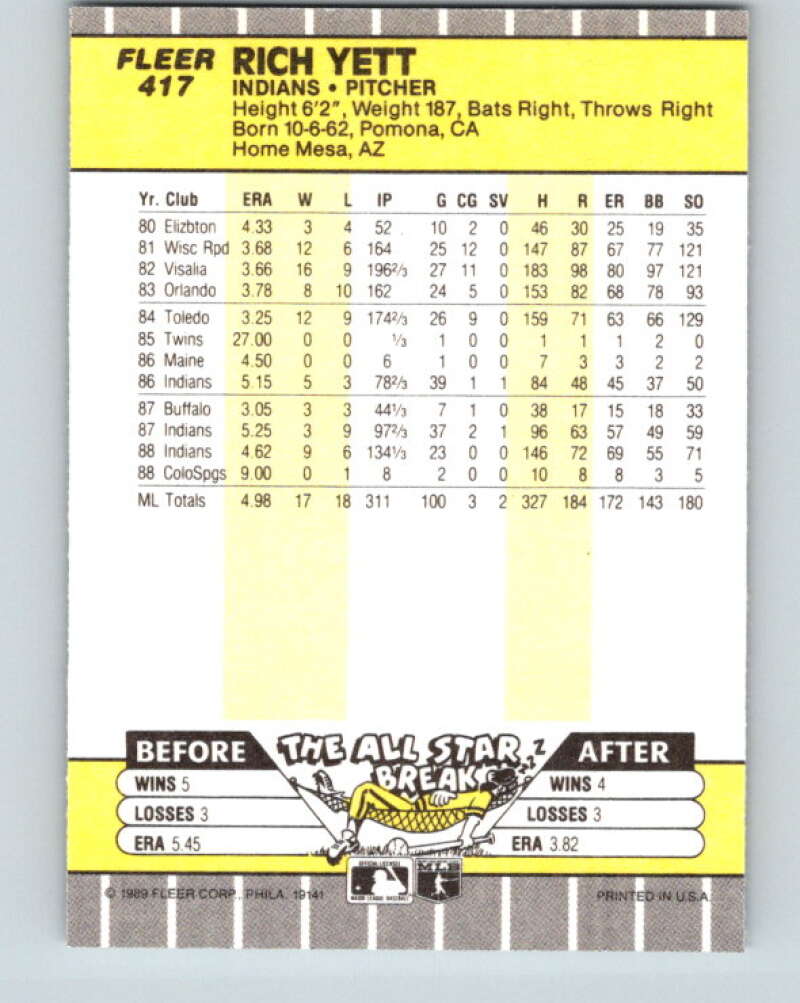 1989 Fleer #417 Rich Yett Mint Cleveland Indians