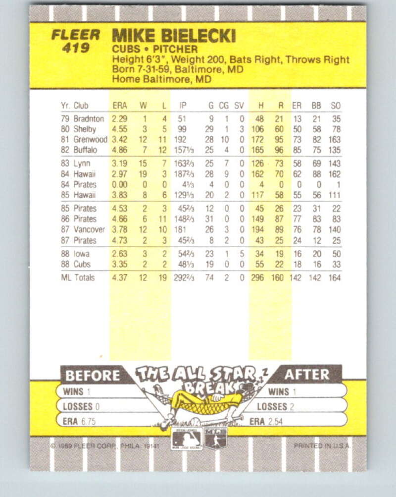 1989 Fleer #419 Mike Bielecki Mint Chicago Cubs