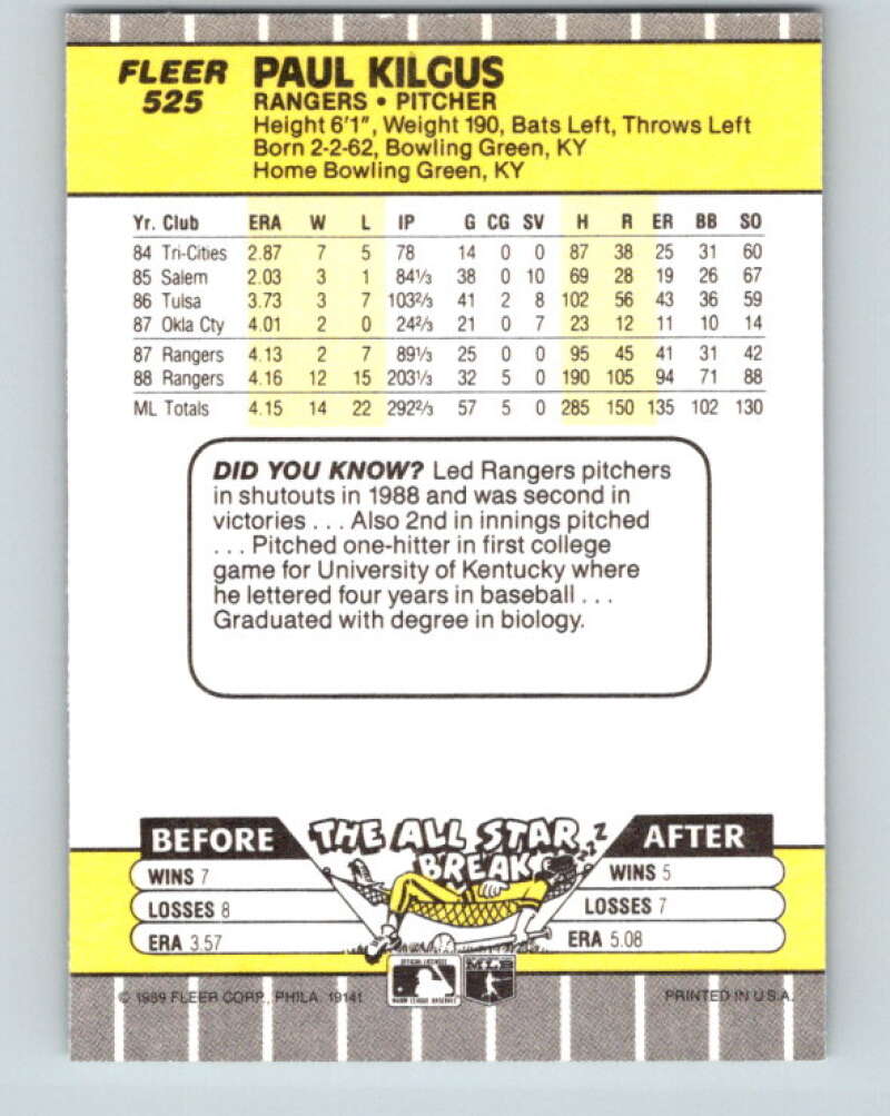 1989 Fleer #525 Paul Kilgus Mint Texas Rangers