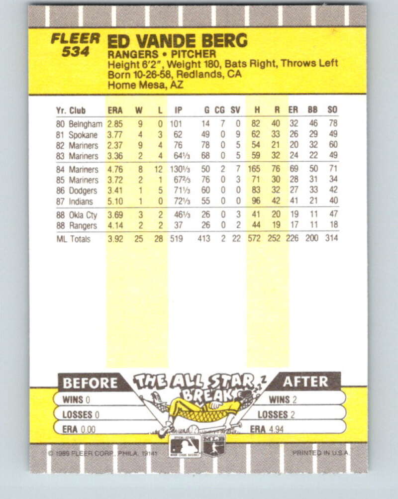 1989 Fleer #534 Ed Vande Berg ERR Mint Texas Rangers