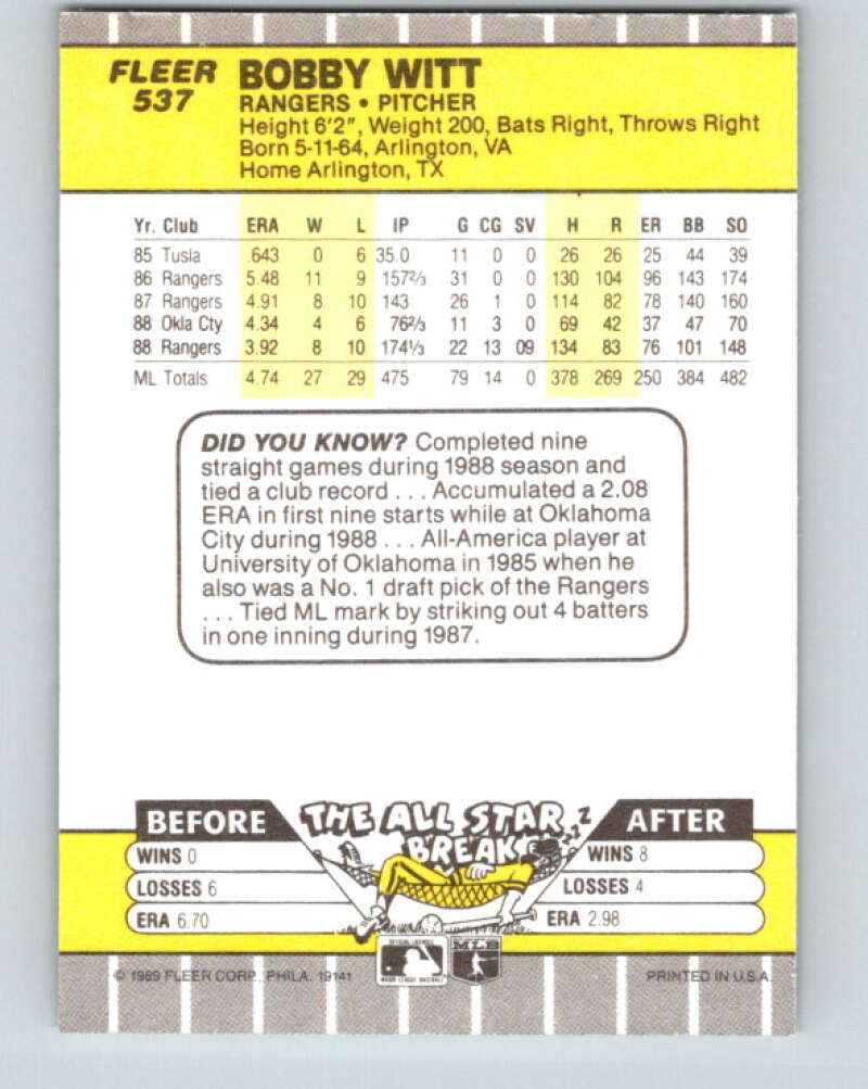 1989 Fleer #537 Bobby Witt UER Mint Texas Rangers