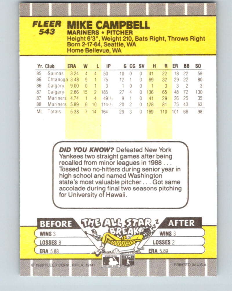 1989 Fleer #543 Mike Campbell Mint Seattle Mariners