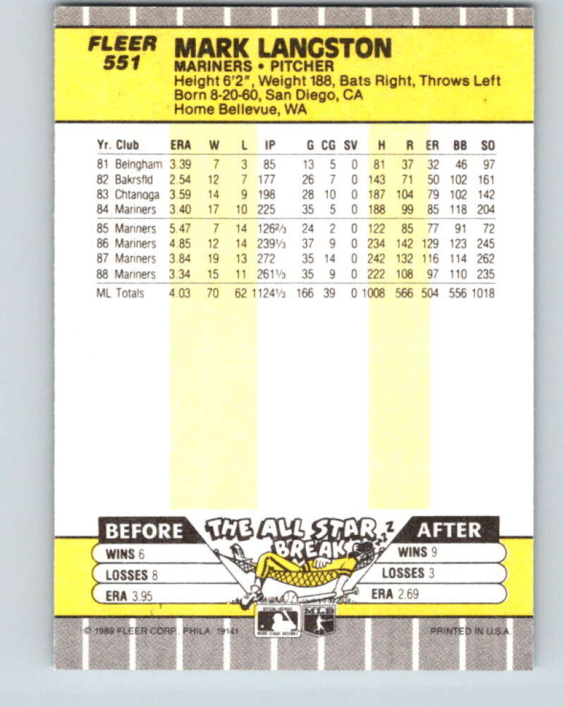 1989 Fleer #551 Mark Langston Mint Seattle Mariners