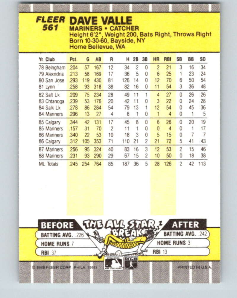 1989 Fleer #561 Dave Valle Mint Seattle Mariners