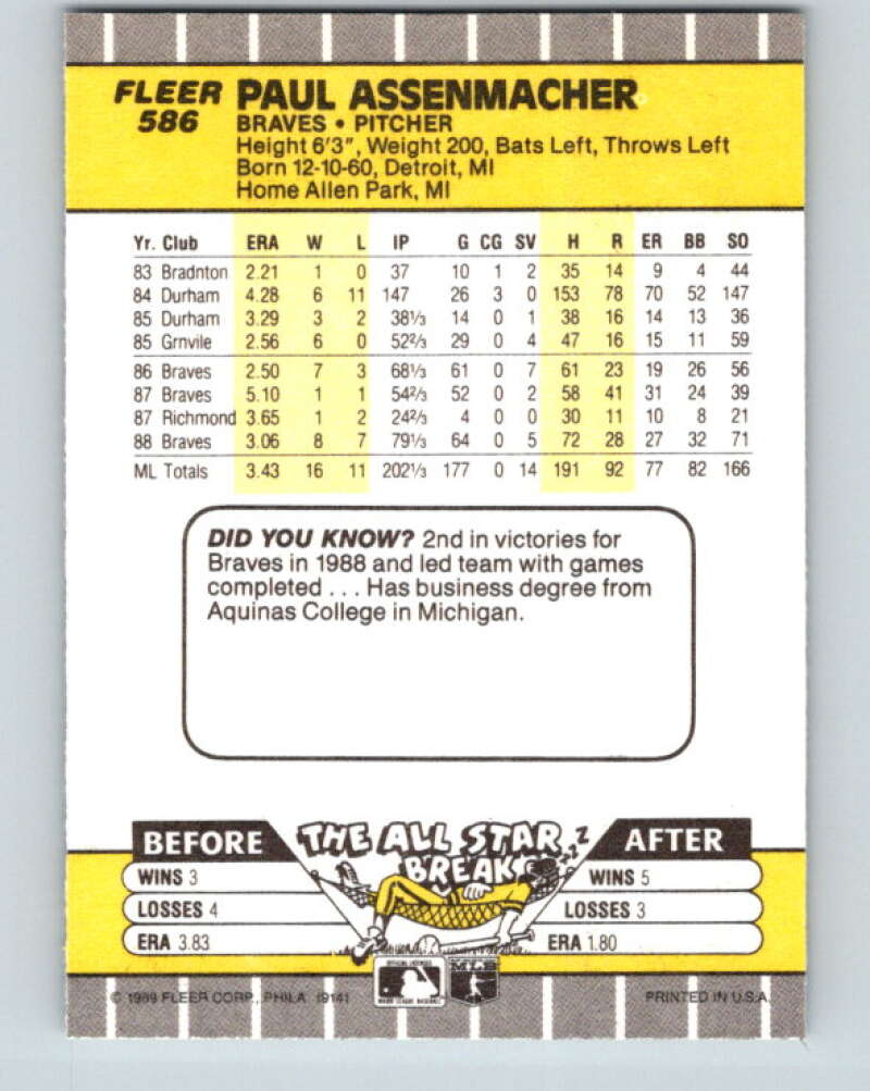 1989 Fleer #586 Paul Assenmacher Mint Atlanta Braves