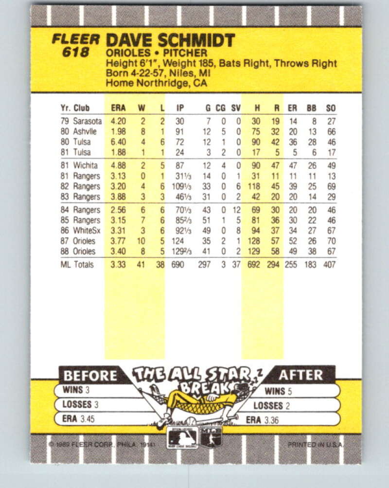 1989 Fleer #618 Dave Schmidt Mint Baltimore Orioles