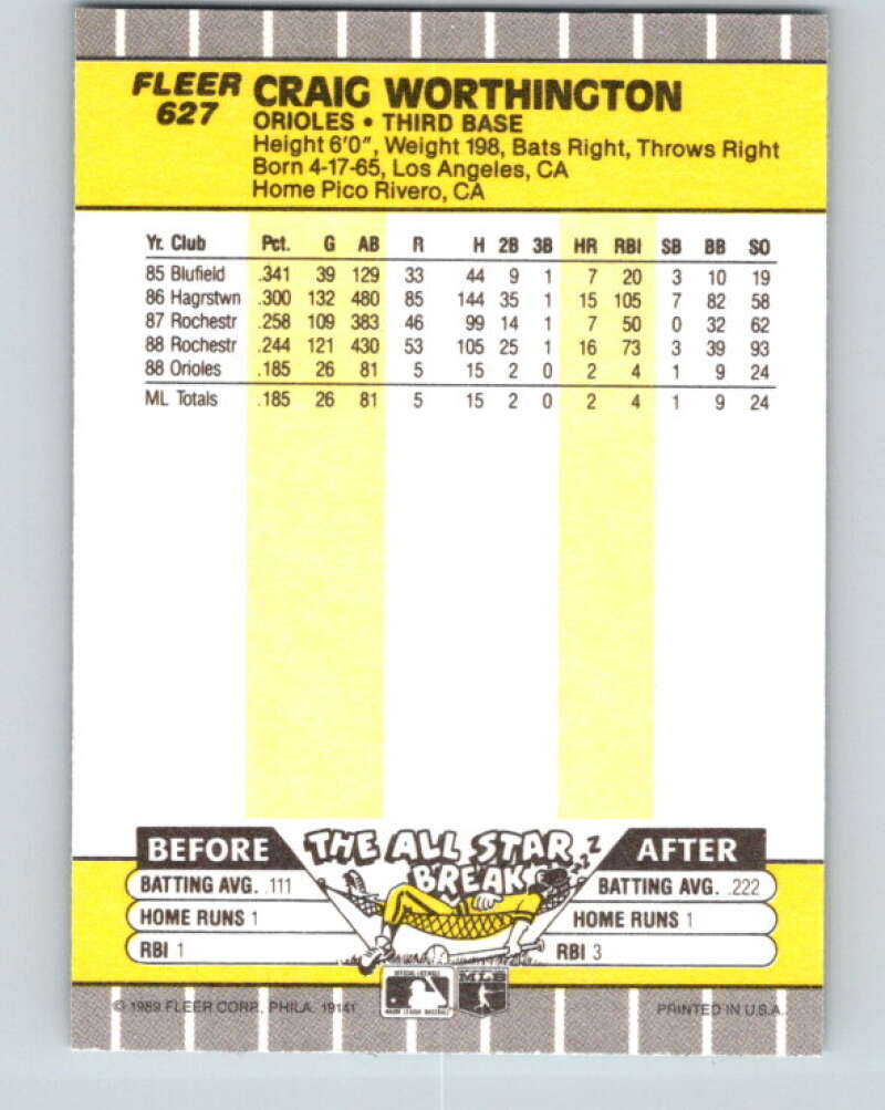 1989 Fleer #627 Craig Worthington Mint Baltimore Orioles