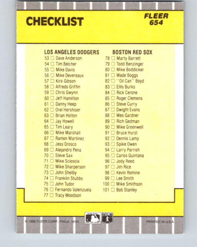 1989 Fleer #654 Checklist Oakland/Mets Dodgers/Red Sox Mint