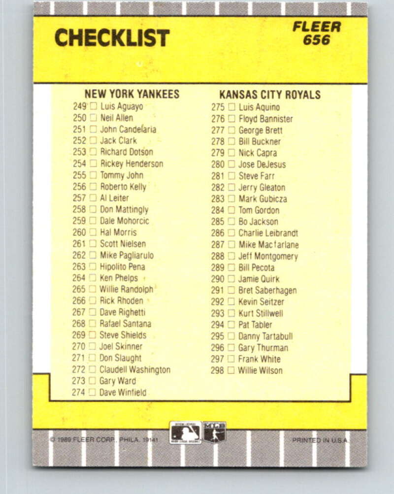 1989 Fleer #656 Checklist Pirates/Blue Jays Yankees/Royals Mint