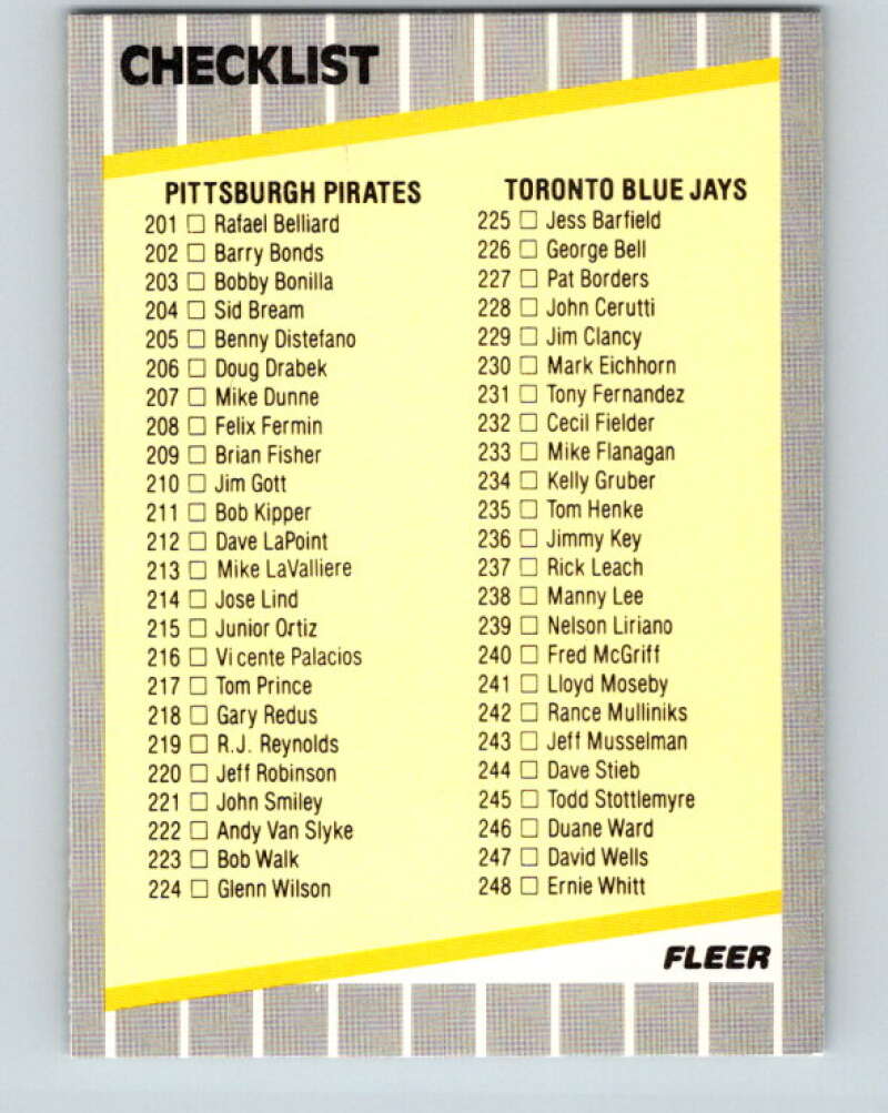 1989 Fleer #656 Checklist Pirates/Blue Jays Yankees/Royals Mint