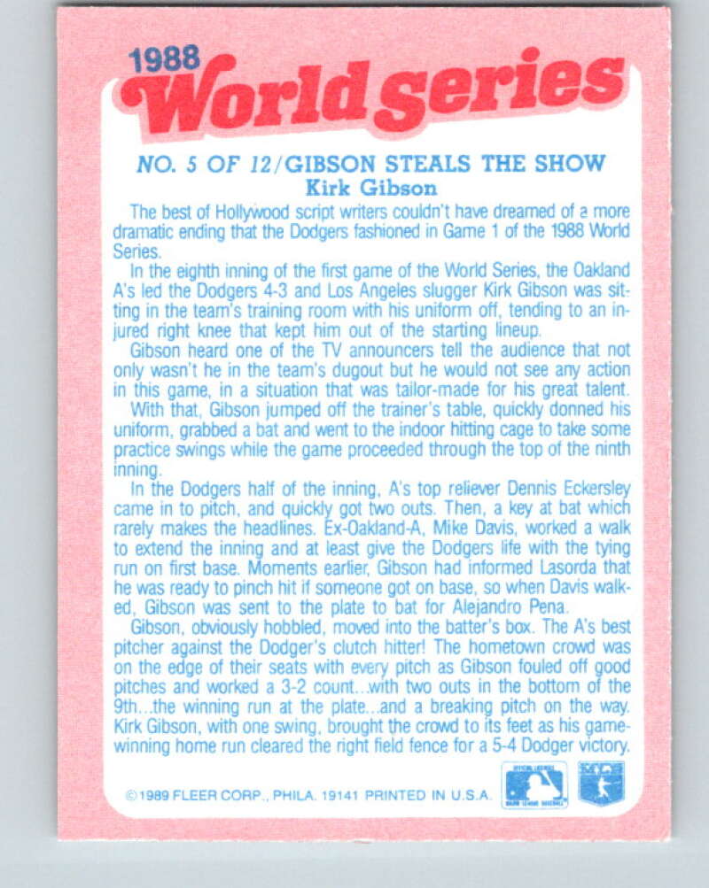 1989 Fleer World Series Glossy #5 Kirk Gibson Gibson Steals The Show