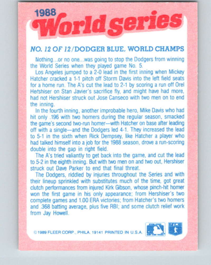 1989 Fleer World Series Glossy #12 Dodger Blue. World Champs