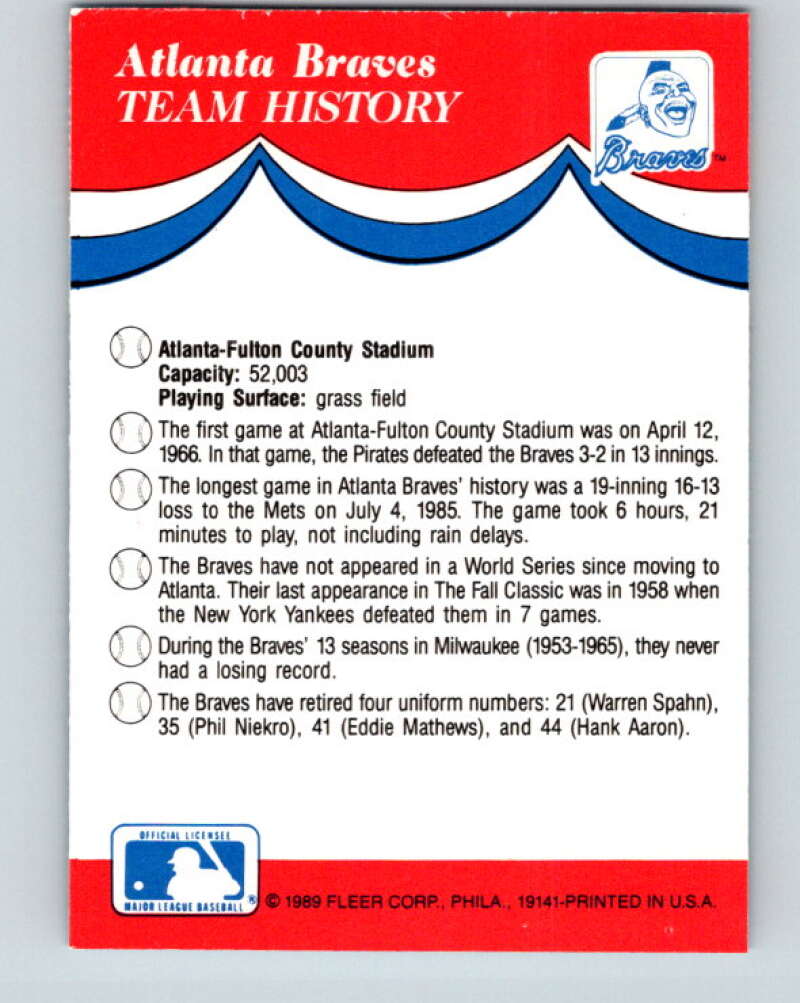 1989 Fleer Team Stickers #NNO Atlanta Braves Mint Atlanta Braves