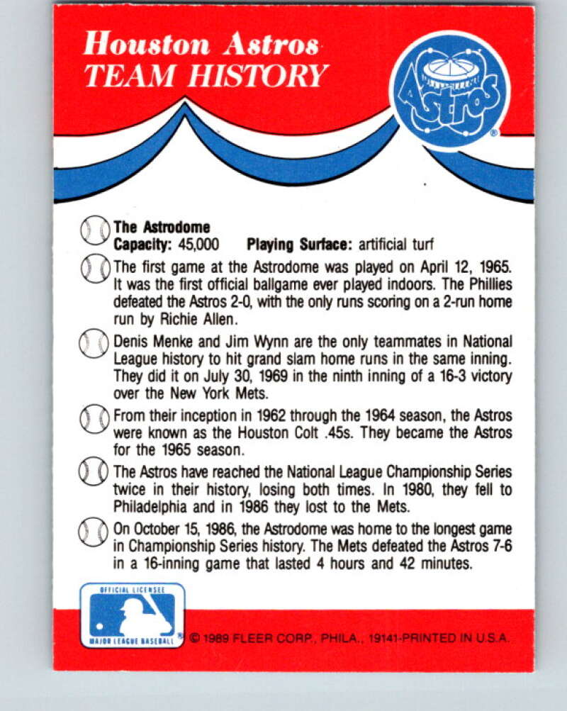 1989 Fleer Team Stickers #NNO Houston Astros Mint Houston Astros