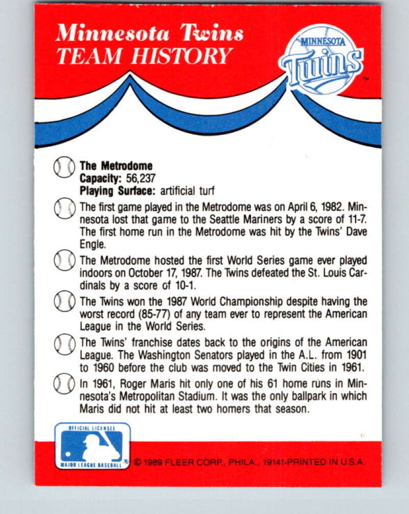 1989 Fleer Team Stickers #NNO Minnesota Twins Mint Minnesota Twins