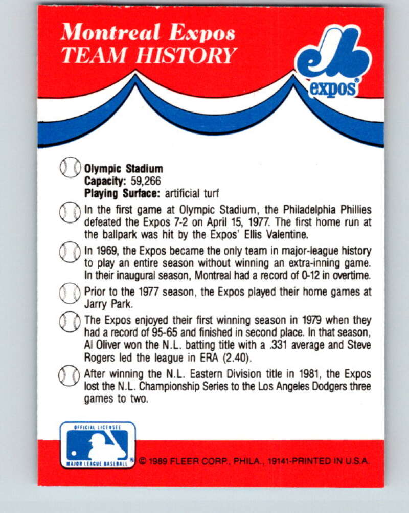 1989 Fleer Team Stickers #NNO Montreal Expos Mint Montreal Expos