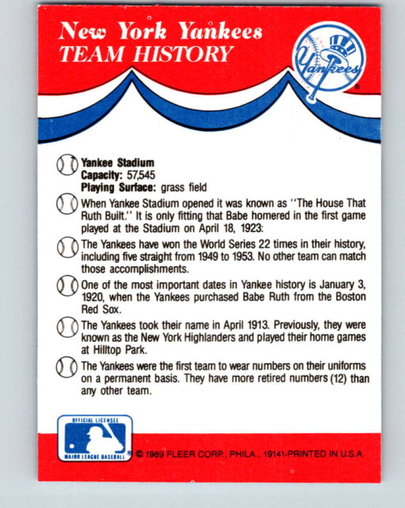 1989 Fleer Team Stickers #NNO New York Yankees Mint New York Yankees