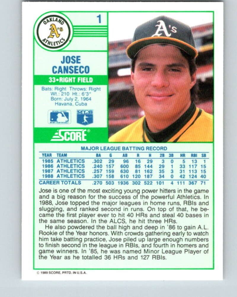 1989 Score #1 Jose Canseco Mint Oakland Athletics