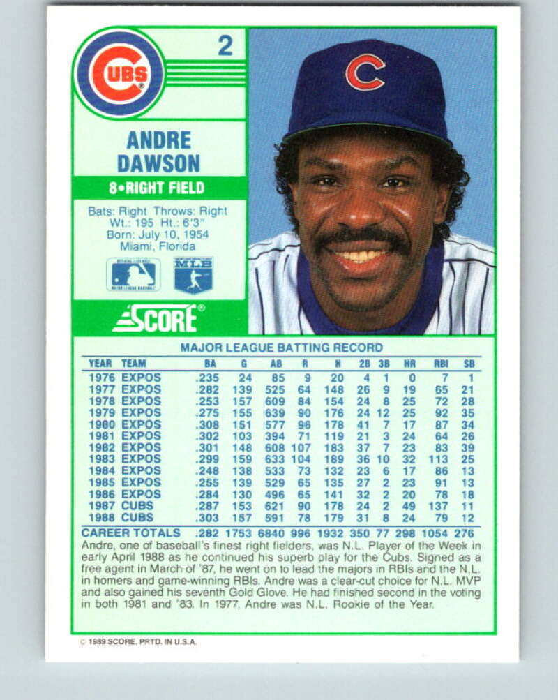 1989 Score #2 Andre Dawson Mint Chicago Cubs
