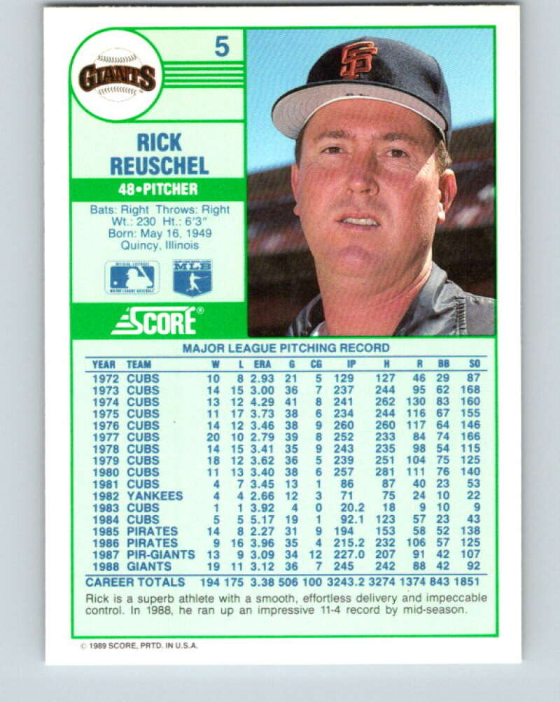 1989 Score #5 Rick Reuschel Mint San Francisco Giants