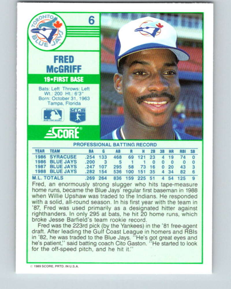 1989 Score #6 Fred McGriff Mint Toronto Blue Jays