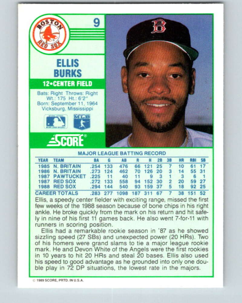 1989 Score #9 Ellis Burks Mint Boston Red Sox