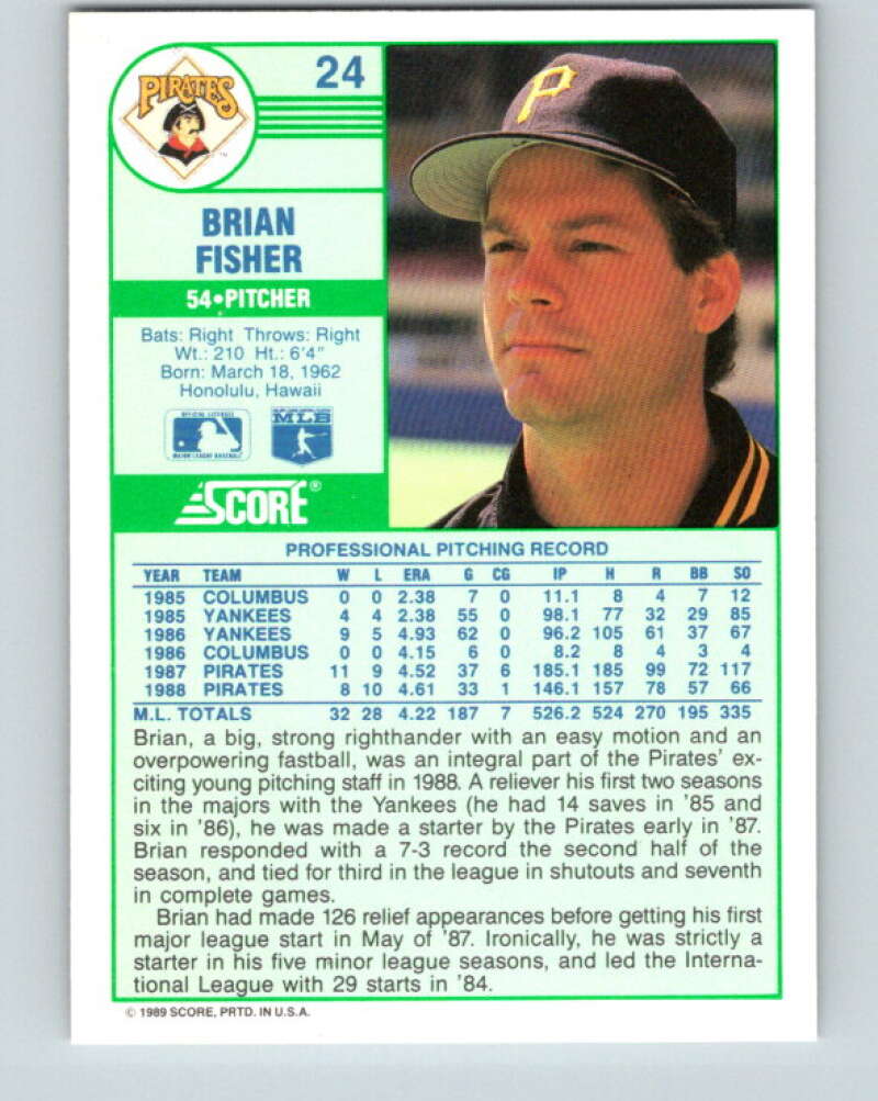 1989 Score #24 Brian Fisher Mint Pittsburgh Pirates