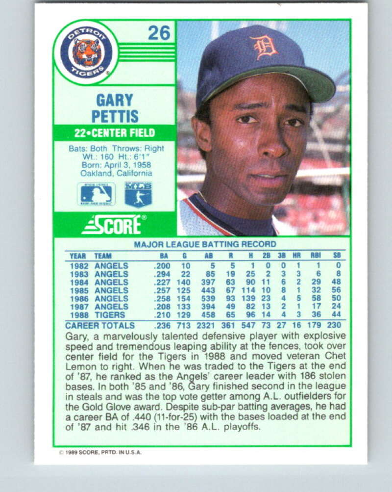1989 Score #26 Gary Pettis Mint Detroit Tigers