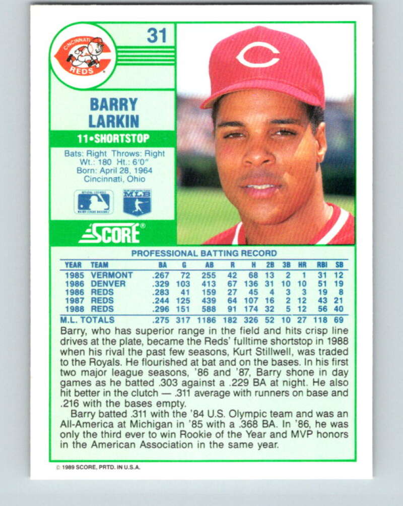 1989 Score #31 Barry Larkin Mint Cincinnati Reds