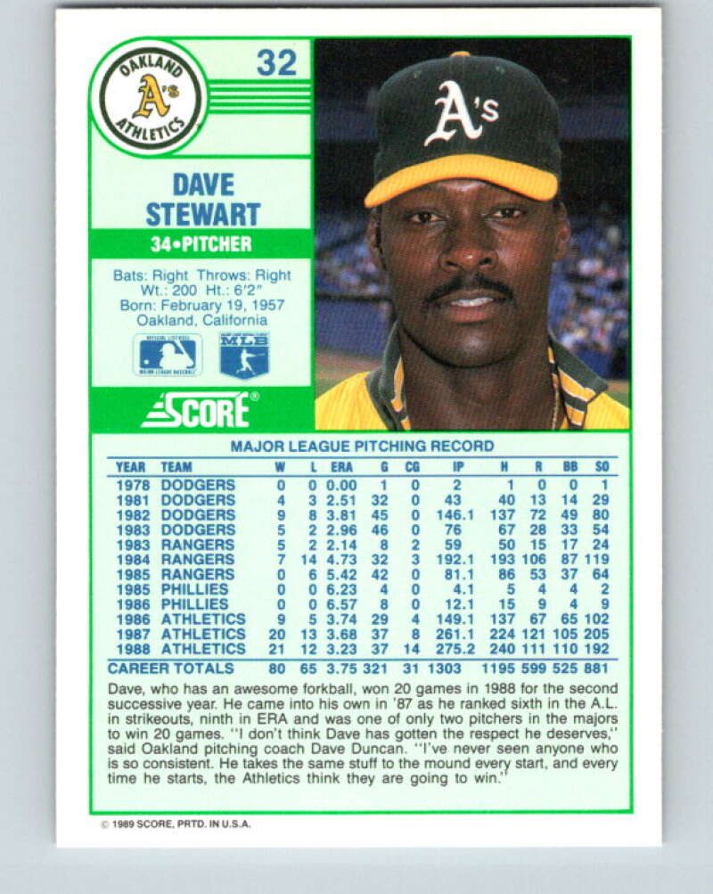 1989 Score #32 Dave Stewart Mint Oakland Athletics