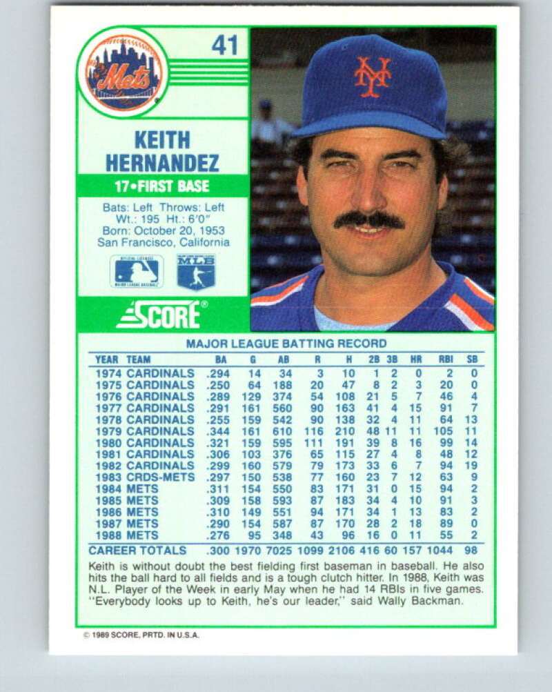 1989 Score #41 Keith Hernandez Mint New York Mets