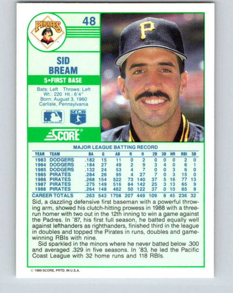 1989 Score #48 Sid Bream Mint Pittsburgh Pirates
