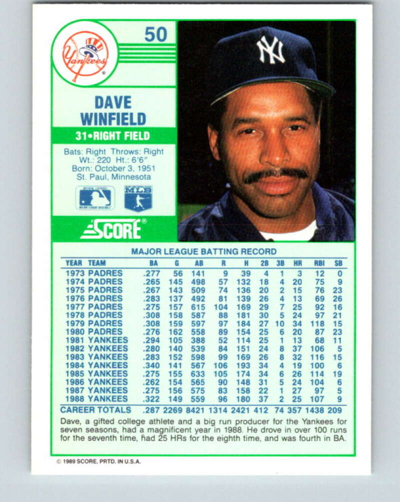 1989 Score #50 Dave Winfield Mint New York Yankees