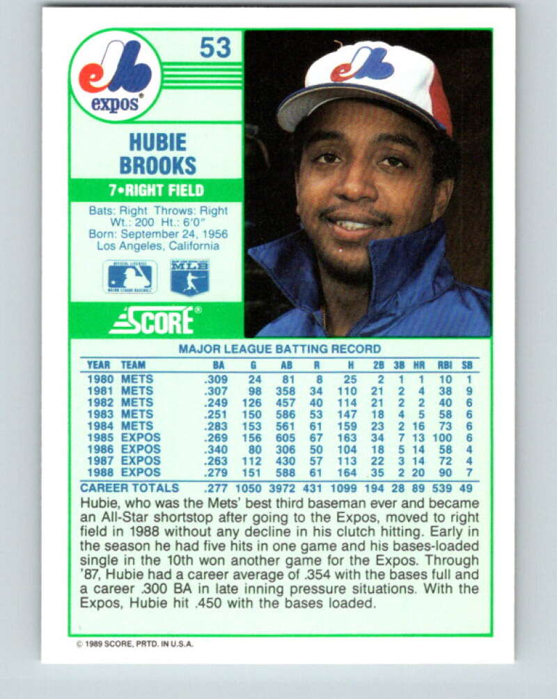 1989 Score #53 Hubie Brooks Mint Montreal Expos