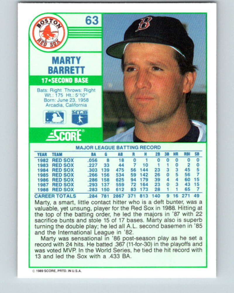 1989 Score #63 Marty Barrett Mint Boston Red Sox