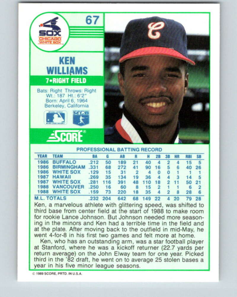 1989 Score #67 Kenny Williams Mint Chicago White Sox