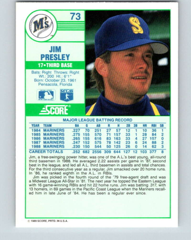 1989 Score #73 Jim Presley Mint Seattle Mariners
