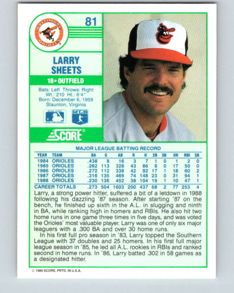 1989 Score #81 Larry Sheets Mint Baltimore Orioles