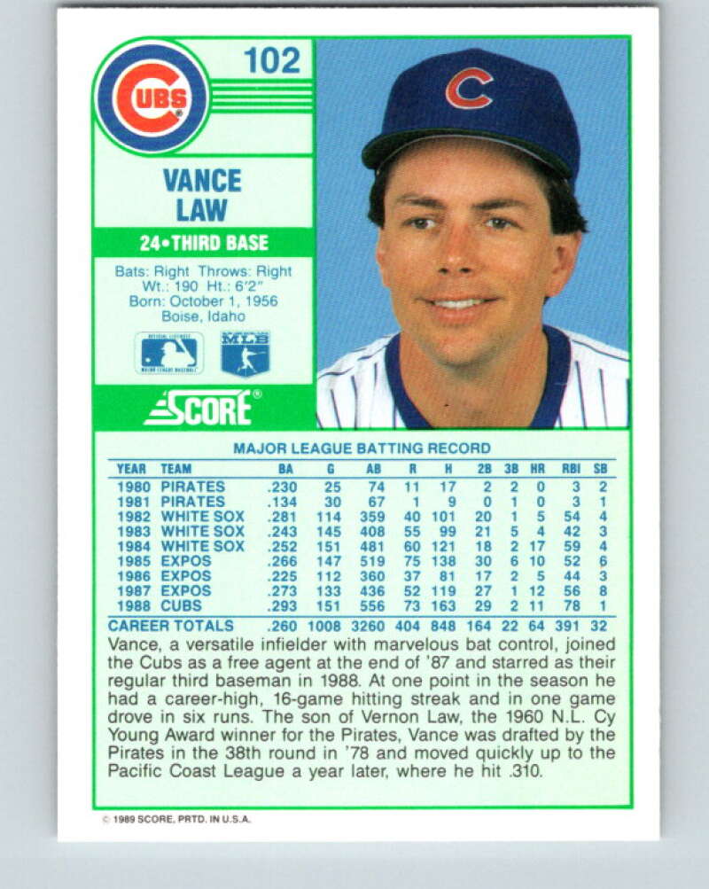 1989 Score #102 Vance Law Mint Chicago Cubs